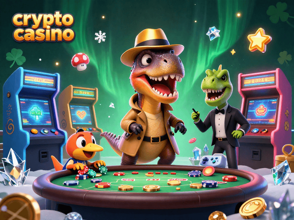 Engage in the crypto casino action with a velociraptor at a blackjack table, vibrant arcade elements surround.