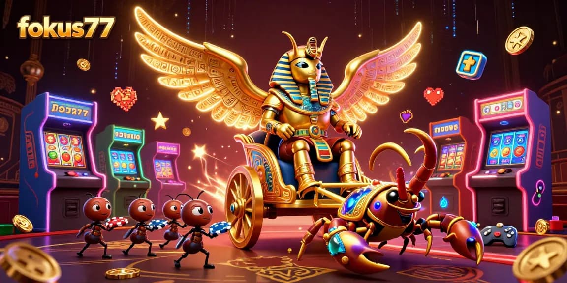 Experience exhilarating gameplay at fokus777 with a 3D illustration of casino themes, vibrant characters, and retro gaming elements.