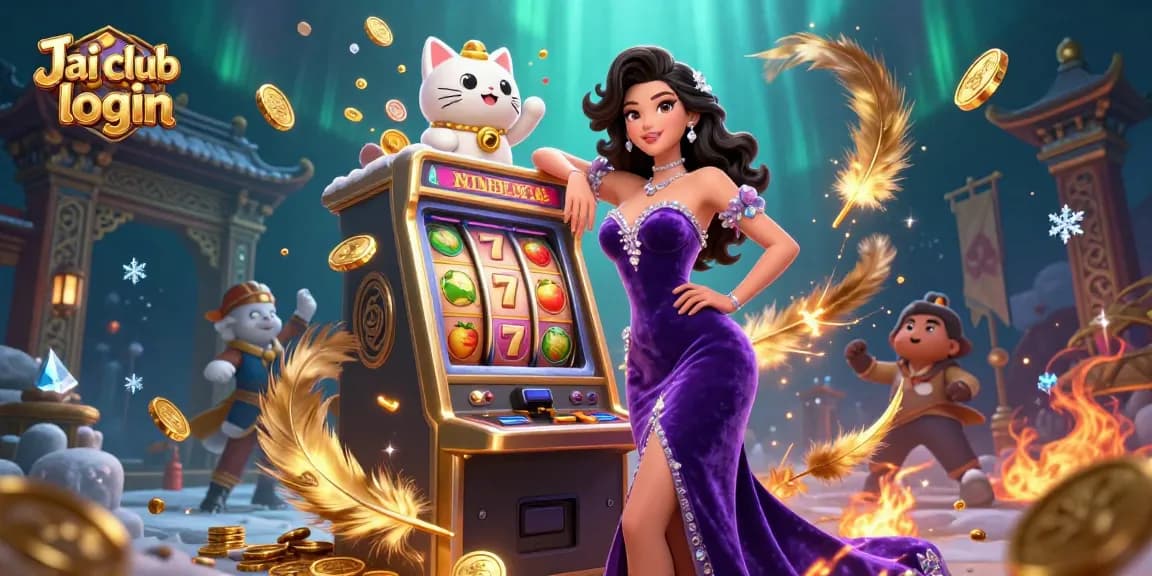 Engage with Jai club login at an exciting slot machine scene, complete with jackpots and winning symbols.