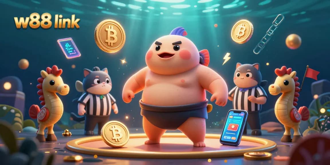 Bet on exciting sports events with the w88 link featuring a dynamic underwater scene of playful characters and cryptocurrency elements.