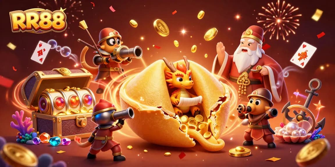 Engage with RR88's dynamic gaming experience with gold coins, treasure, and lively characters.