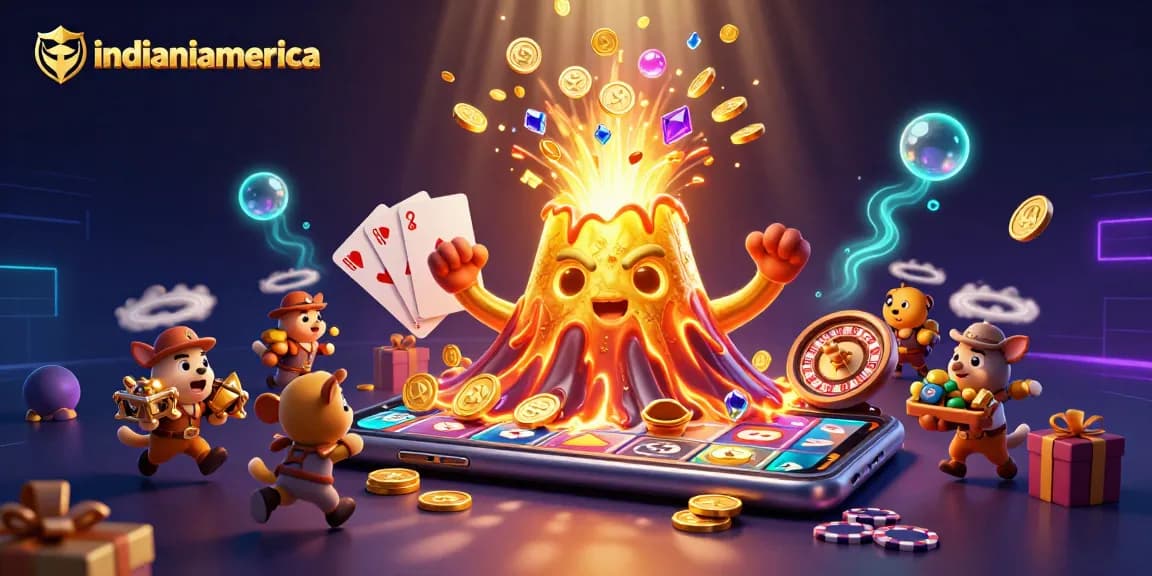 Spin life's treasures with indianiamerica's vibrant casino illustration of a golden volcano erupting.