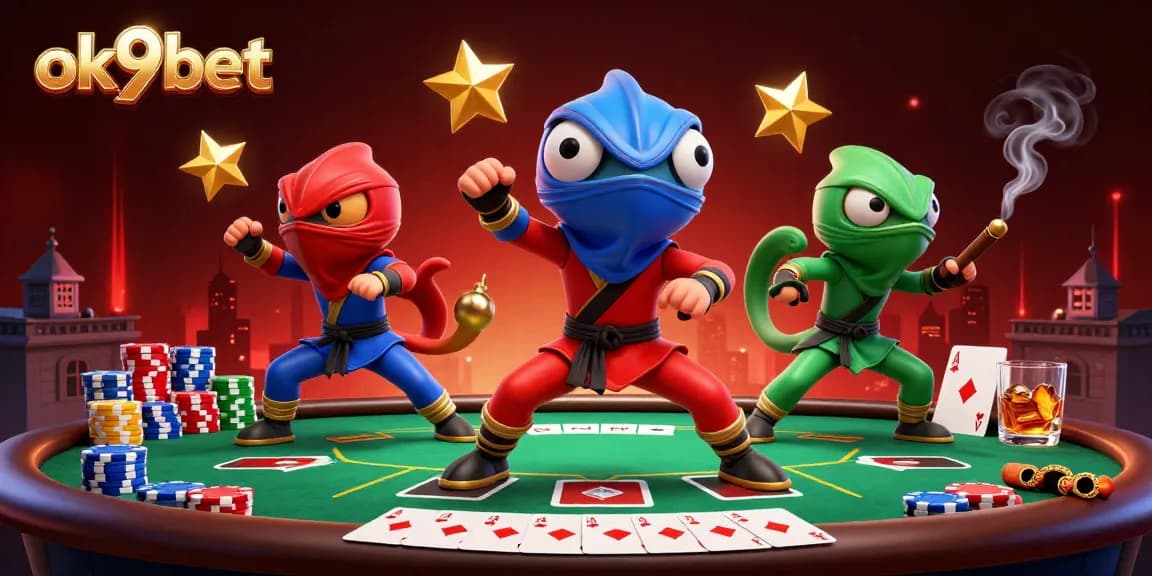 Experience thrilling action at ok9bet with a 3D ninja chameleon team winning at poker!