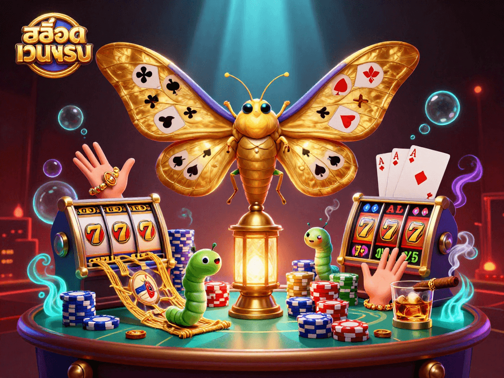 Play exciting slots at สล็อตเว็บตรง with 3D visual of an atlas moth and casino-themed elements.