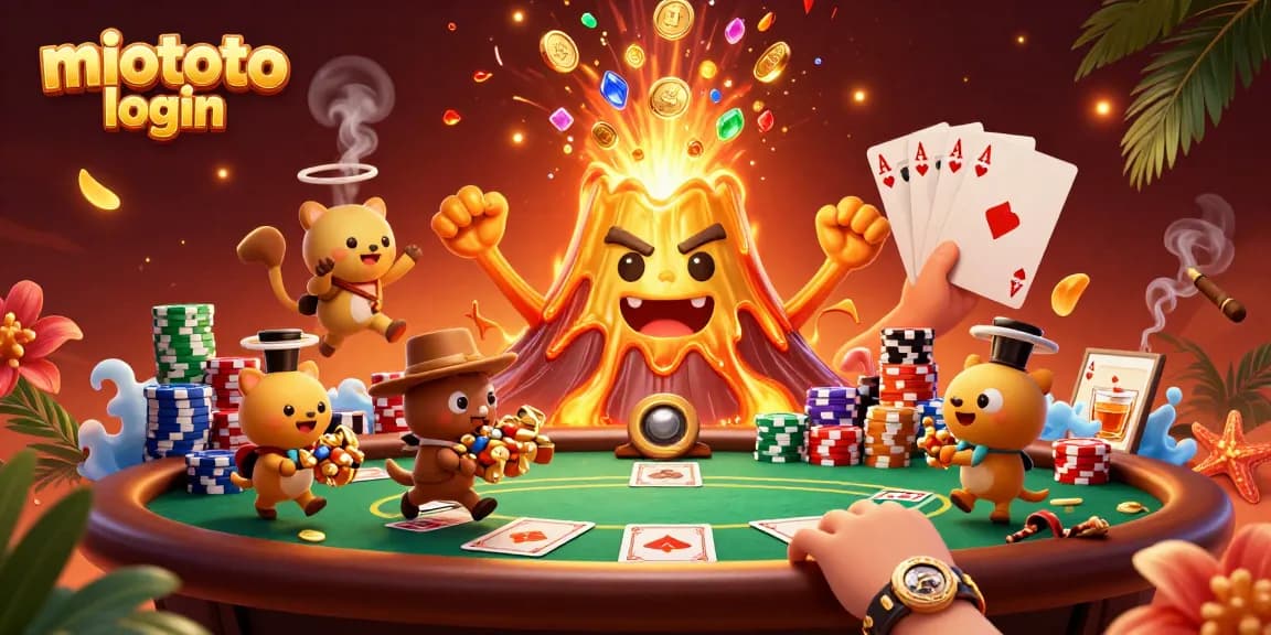 Engage in the thrill of miototo login as a golden volcano erupts treasures in a vibrant casino scene.