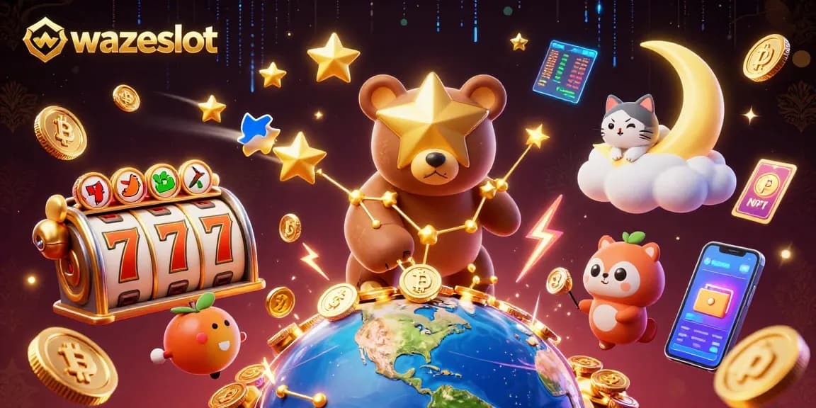 Play exciting games with WAZESLOT, where stars align for jackpot wins in this 3D digital art.