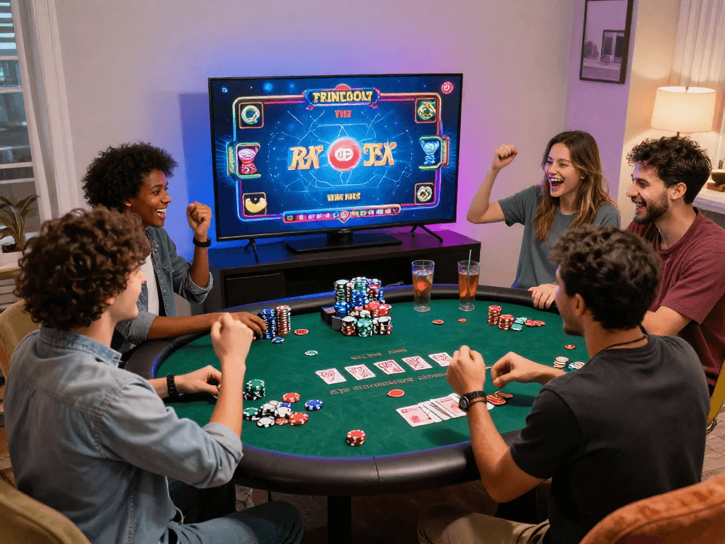 Exciting group gaming experience with friends enjoying usa online casinos at https://selfeducatedamerican.com, vibrant colors and festive atmosphere.