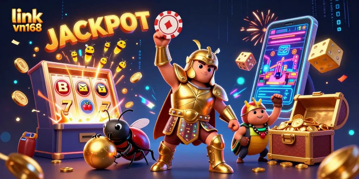 Engage with link vn168 to explore a festive jackpot scene with vibrant characters celebrating casino wins.