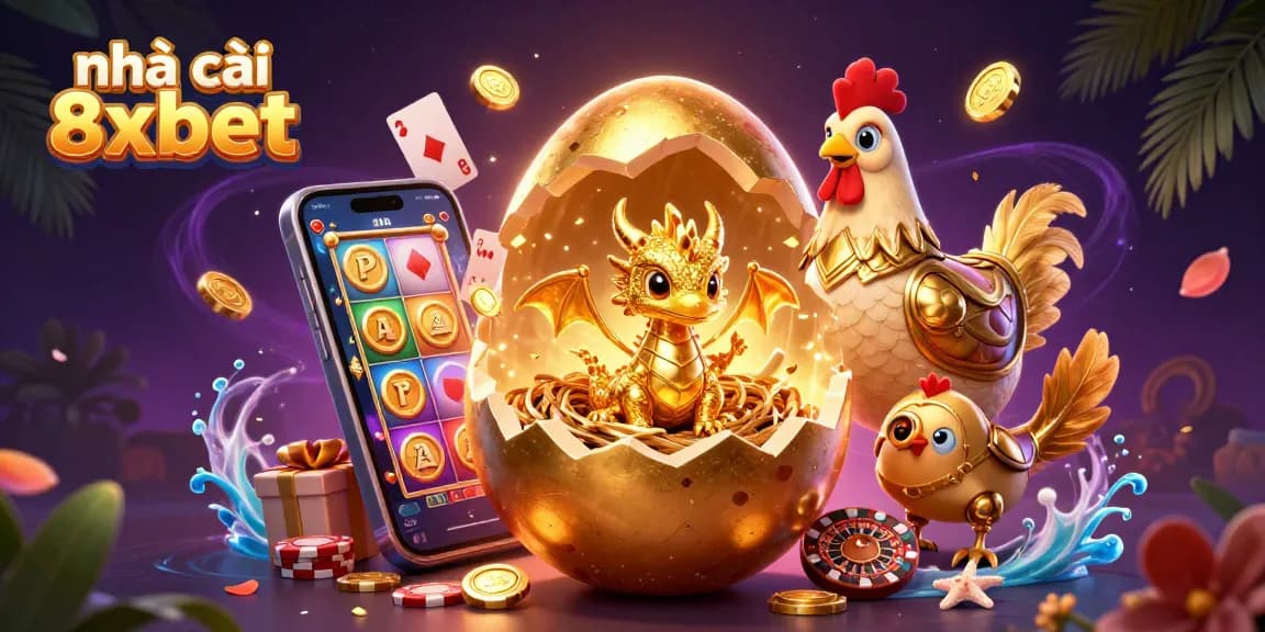 Experience the thrill at nhà cái 8xbet with a golden dragon on poker chips, surrounded by dynamic gaming elements.