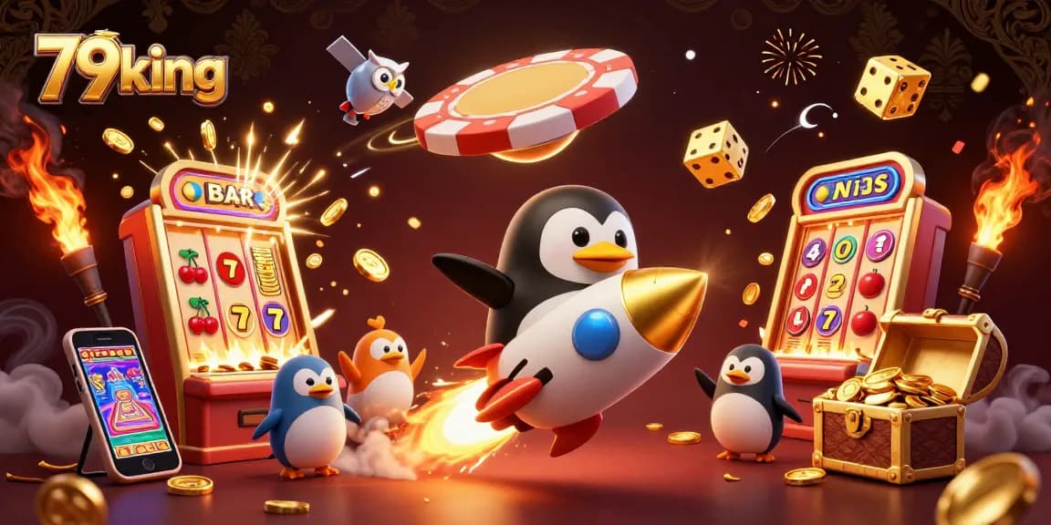 Launch into fun with 79king, as a golden penguin races toward a casino space station!
