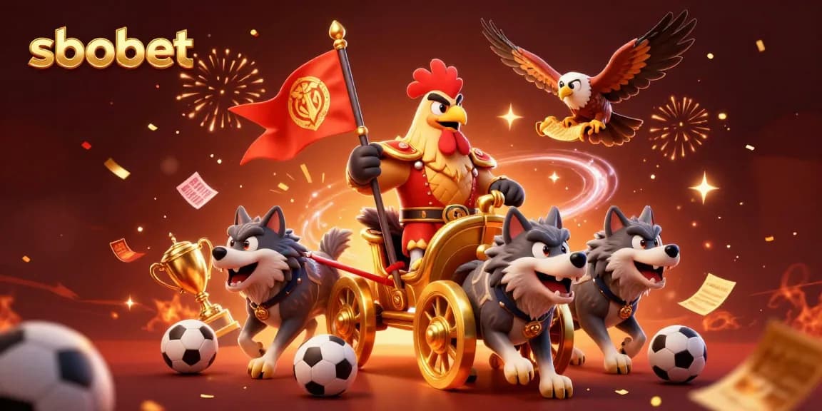 Engage in sbobet sports betting excitement with a triumphant rooster warlord and dynamic gameplay elements.