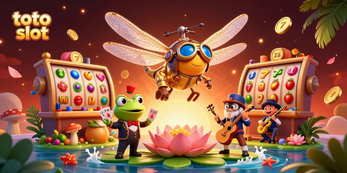 Engage in the thrilling toto slot experience as a whimsical dragonfly pilot hovers above a lively casino scene.