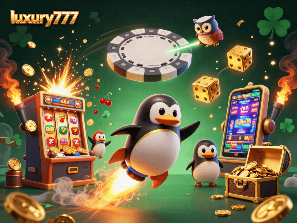 Menghadapi petualangan dengan luxury777, penguin emas bertenaga roket terbang menuju stasiun kasino sambil menaburkan koin emas
