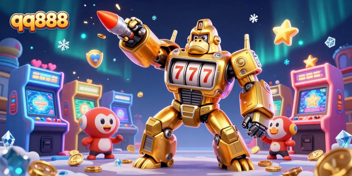 Engage in thrilling gameplay with qq888's golden gorilla mech amidst colorful arcade machines and vibrant casino elements.
