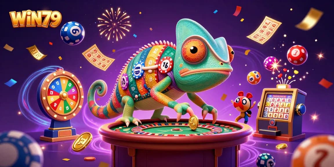 WIN79 casino chameleon captures excitement with lottery elements and vibrant colors in a gaming scene.