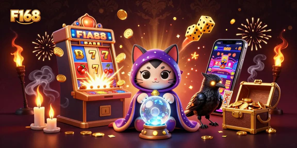 Spin to win with F168's vibrant casino illustration featuring a cat fortune teller and tarot raven.
