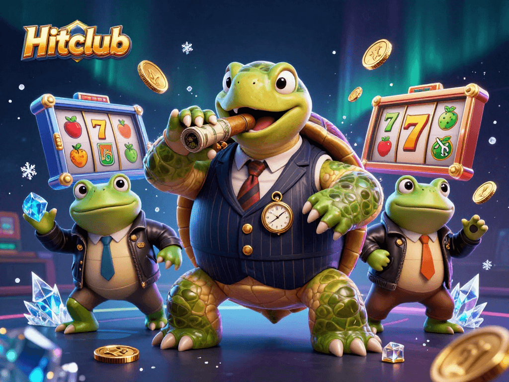 Hitclub showcases a snapping turtle in a mobster suit with casino elements in a vibrant 3D illustration.
