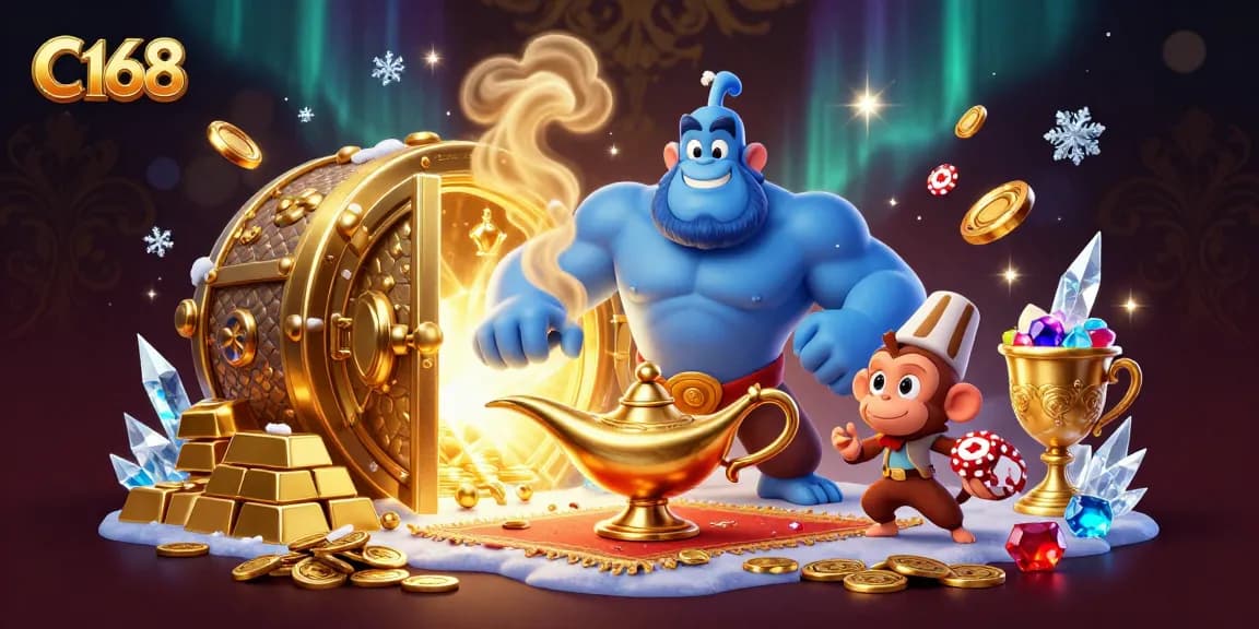 Experience the thrill of C168 with a vibrant casino scene featuring a magical genie and treasure.