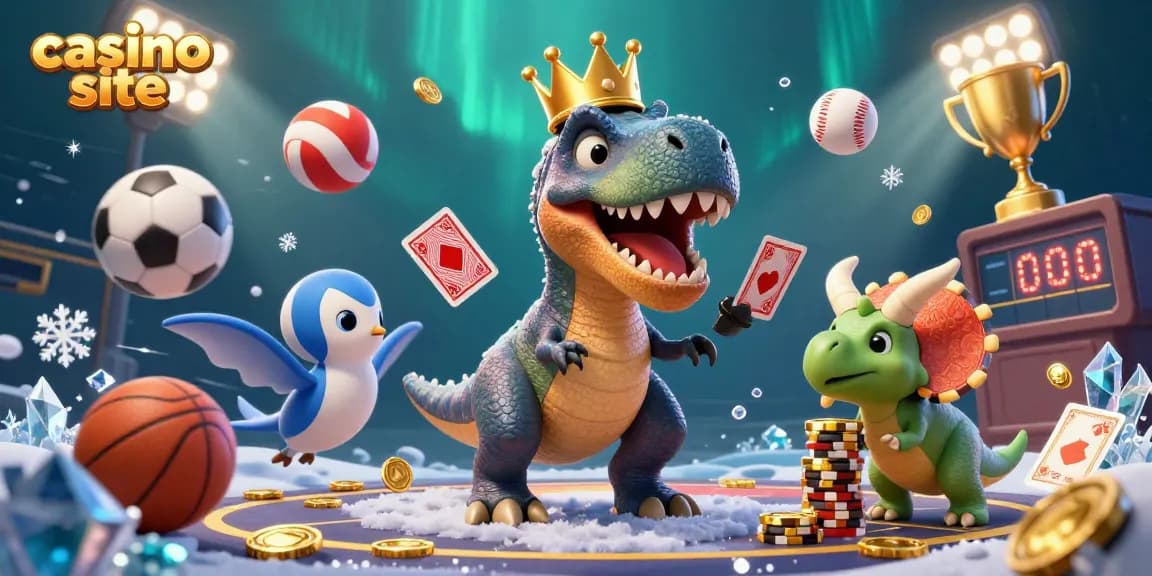 Engaging casino site illustration with T-Rex and friends enjoying card games under aurora lights.
