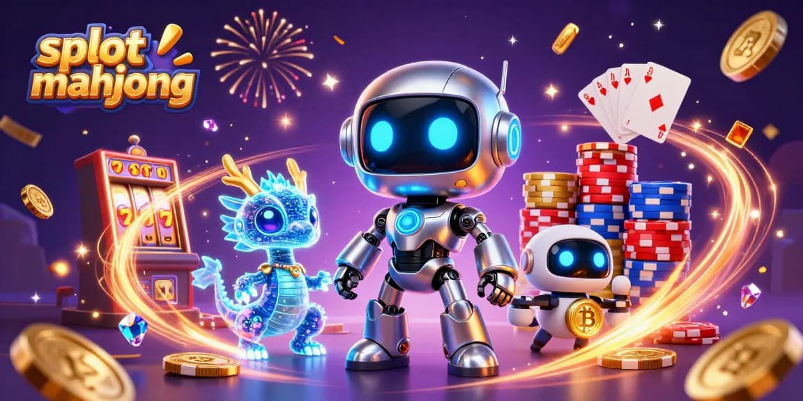 Engage in slot mahjong thrills with a vibrant 3D scene featuring futuristic characters and dynamic casino elements.
