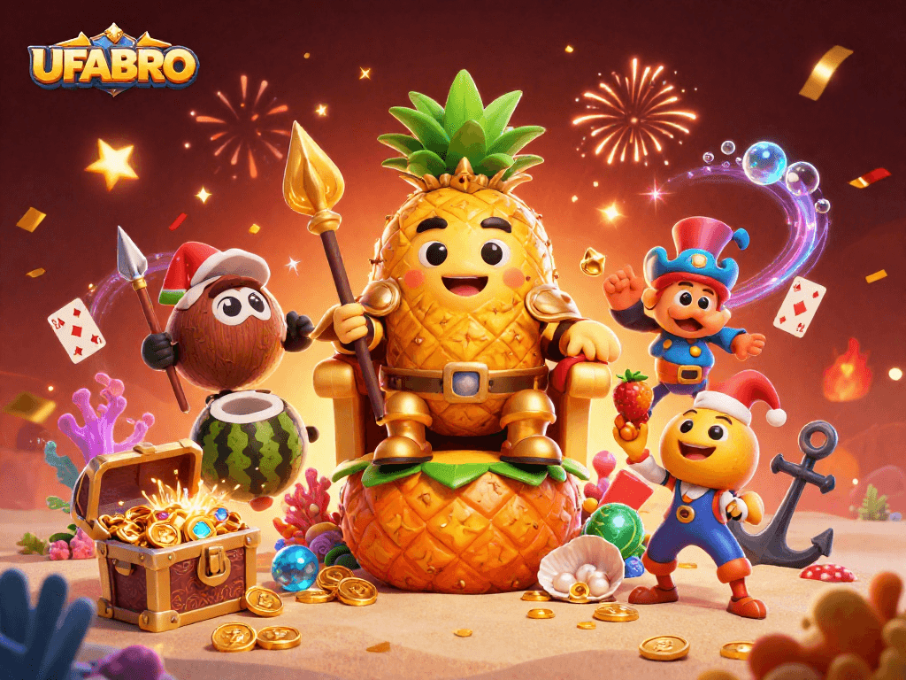 Bet on UFABRO with vibrant characters in a festive casino scene showcasing fun gameplay elements.