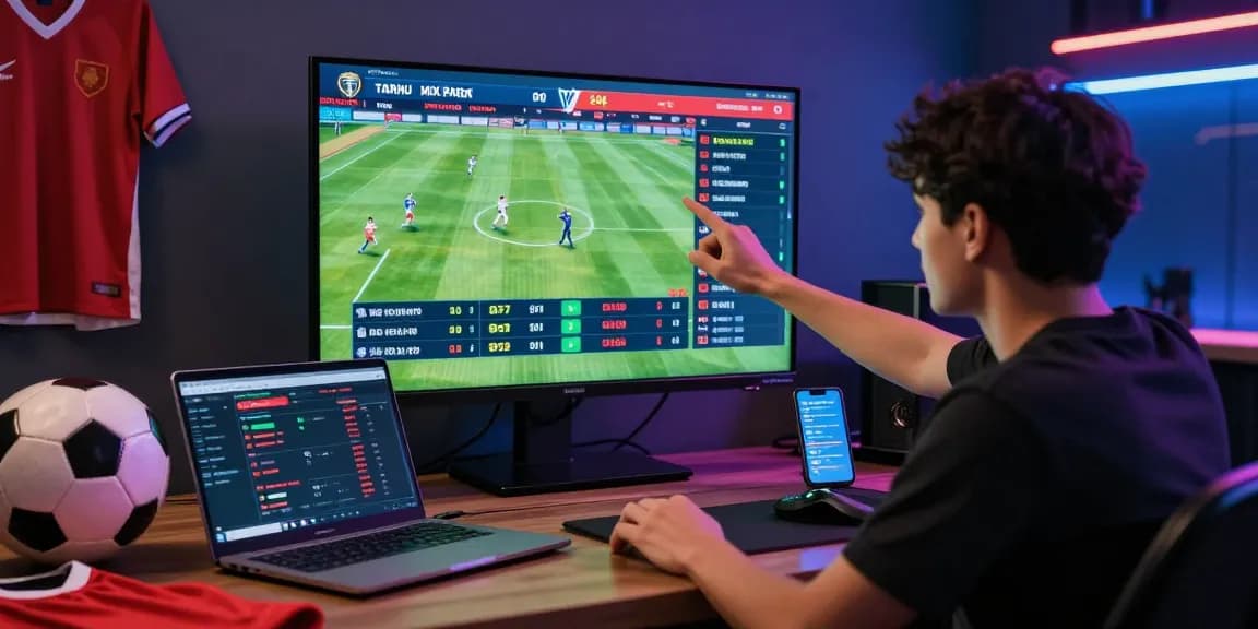 Engaged player placing a taruhan mix parlay Bola88 bet on live soccer matches with vibrant gaming setup.