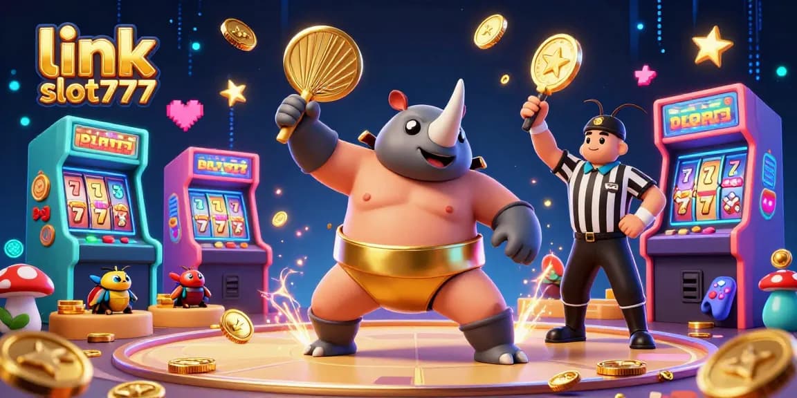 Spin to win with link slot777 in a vibrant 3D cartoon scene featuring a sumo champion beetle.