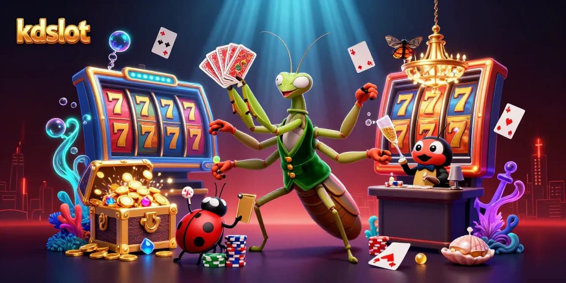 Experience winning at kdslot with a vibrant scene of animated characters and casino game elements.