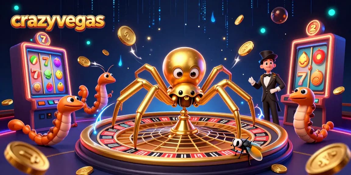Place bets at crazyvegas with a cartoon spider spinning a roulette web and animated slots.