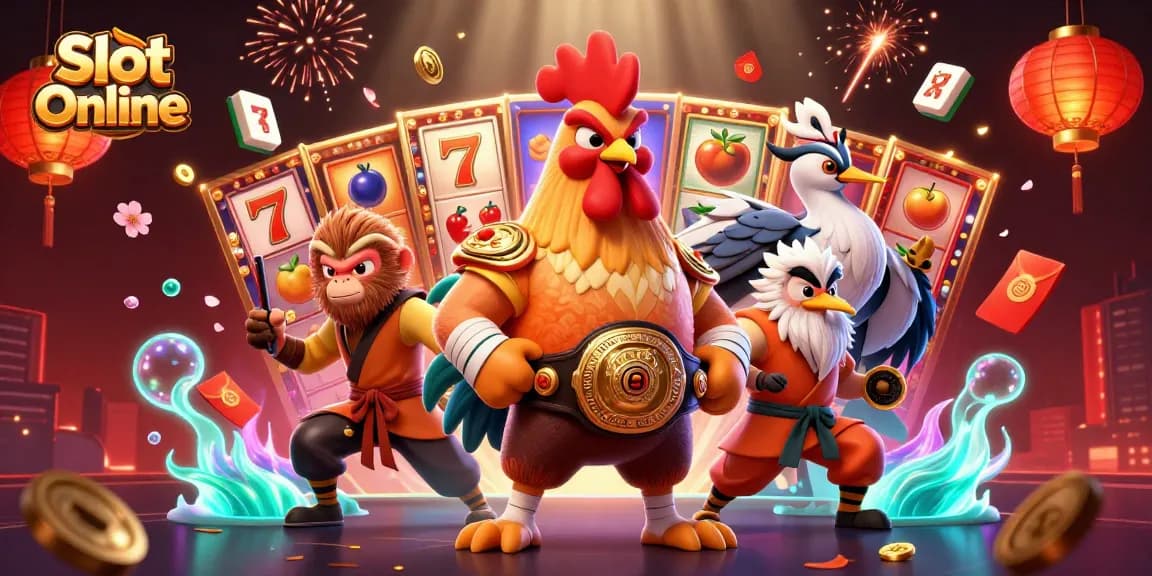 Spin the reels and win big with Slot Online amidst lively casino elements and dynamic characters.