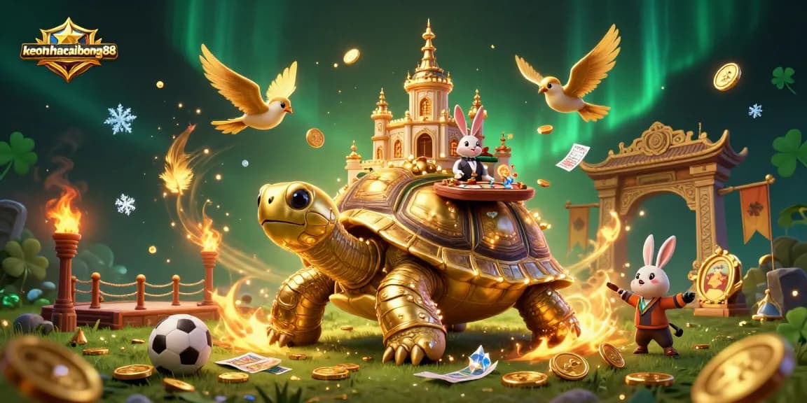 Win big with keonhacaibong88 at an enchanting 3D casino scene featuring a golden tortoise and dynamic betting elements.