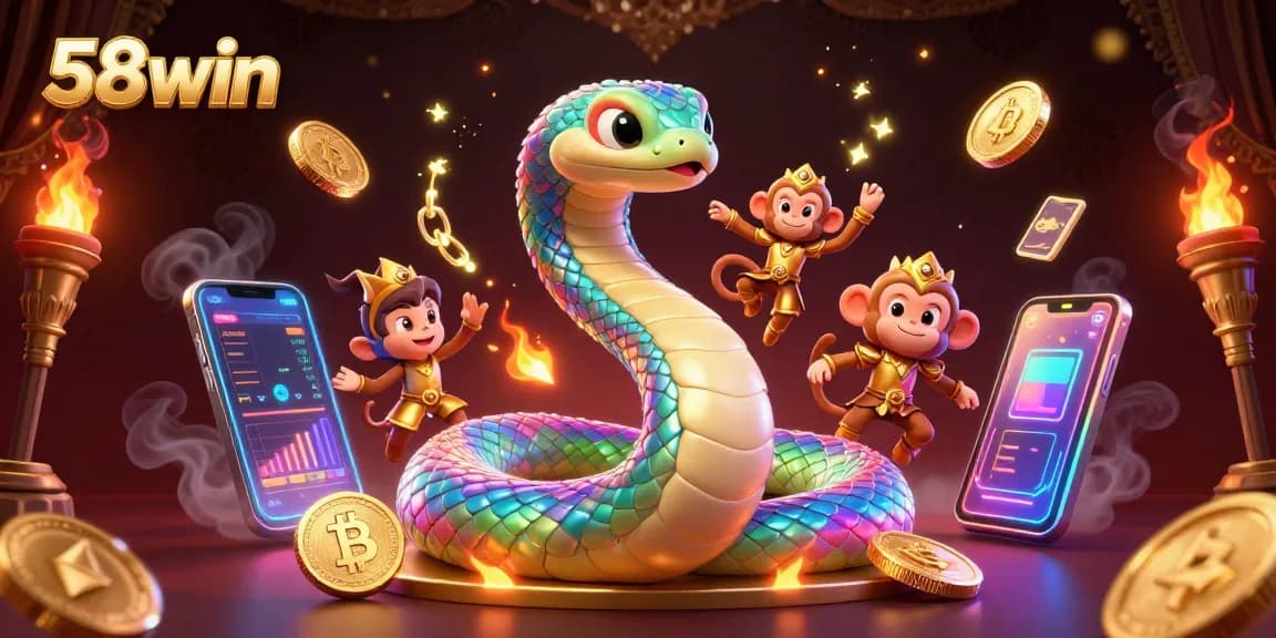 Engage with 58win's vibrant casino world featuring playful characters and glowing crypto elements.