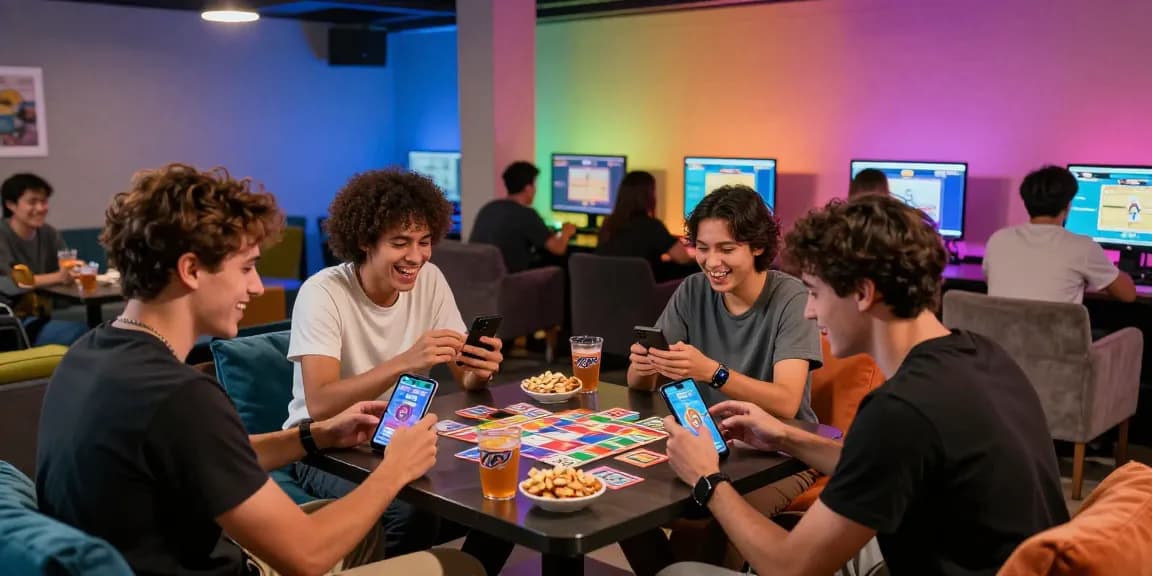 Start playing Card Rummy in a lively game night with friends, enjoying snacks and colorful lighting.