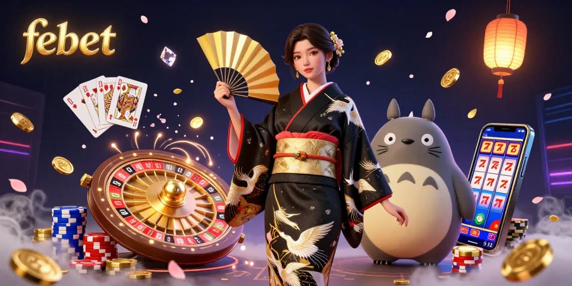 Experience winning excitement at febet with a vibrant 3D illustration of Asian-themed gaming elements.