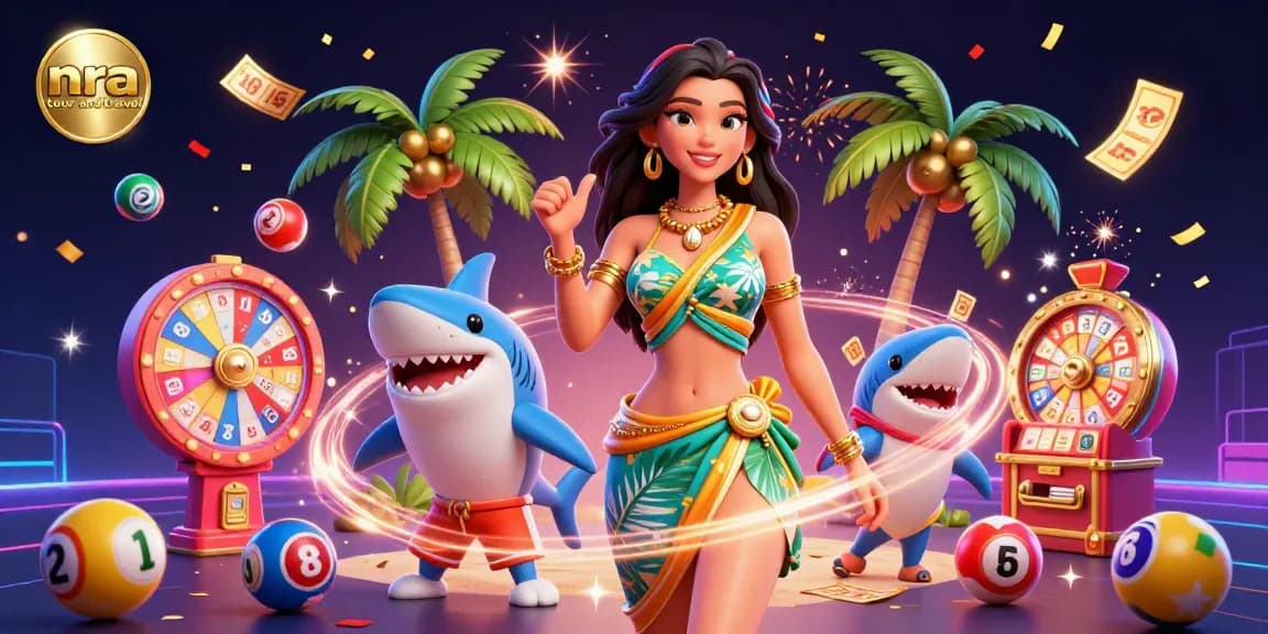 Engage with nra tour and travel's vibrant casino-themed scene, featuring dynamic lottery elements and festive characters.