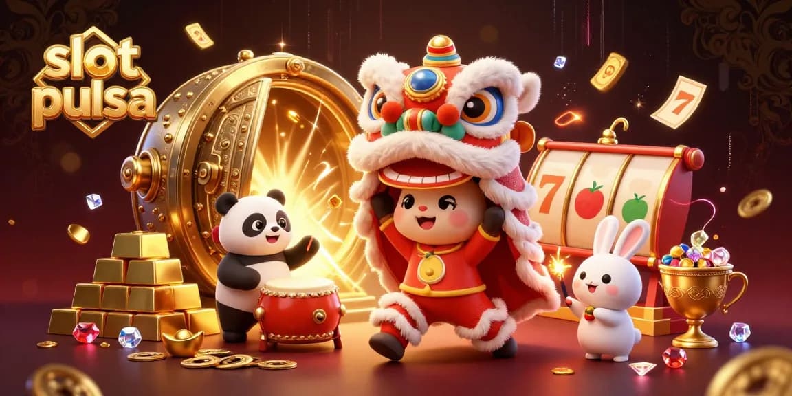 Experience wins at slot pulsa with vibrant casino elements and dynamic characters celebrating.