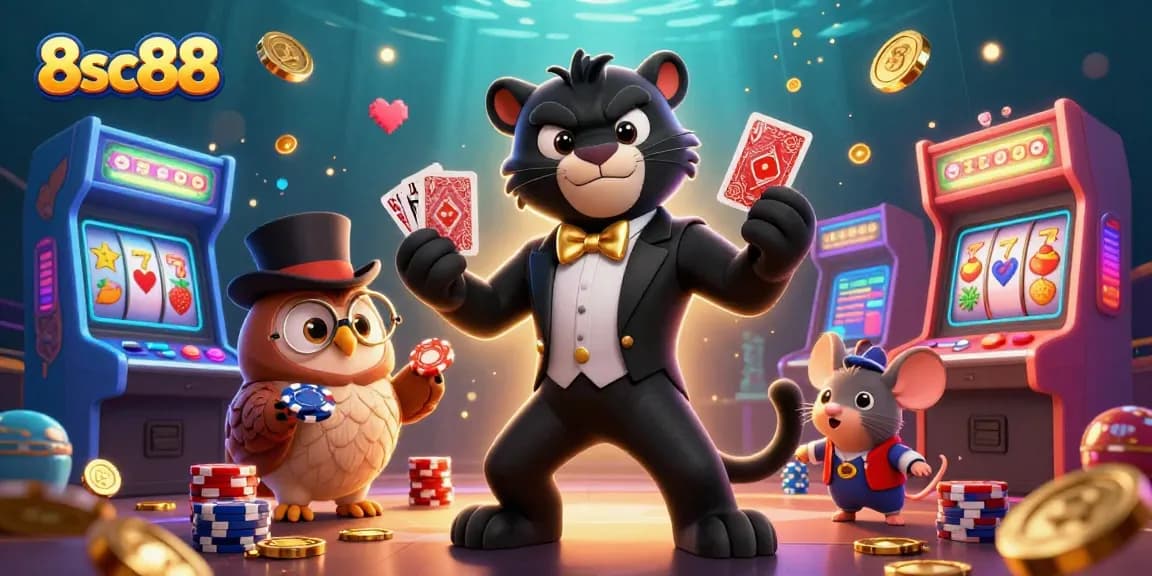 Engage in thrilling gameplay at 8sc88, where a stylish panther deals cards amid vibrant casino elements.
