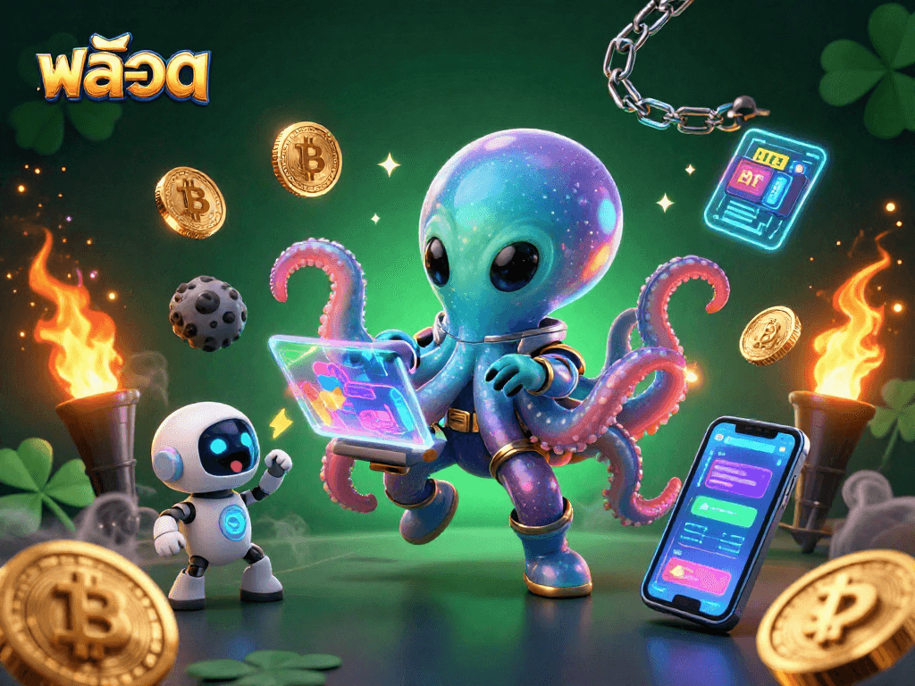 Explore สล็อต strategies with our vibrant casino-themed 3D illustration featuring a whimsical octopus and robot.