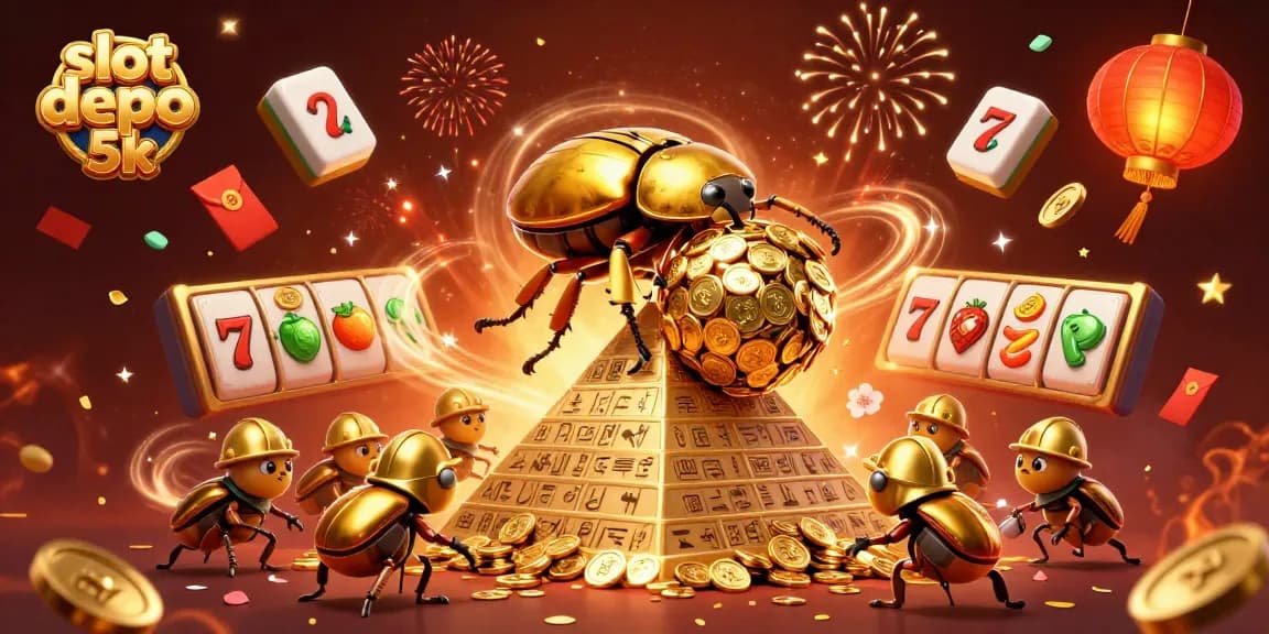 Spin the reels of slot depo 5k with a colorful, dynamic scene featuring vibrant casino elements and energetic beetles.