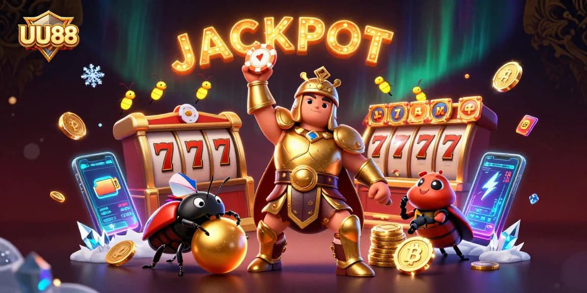 Experience UU88 with a victorious beetle championing a poker chip in a vibrant casino scene.