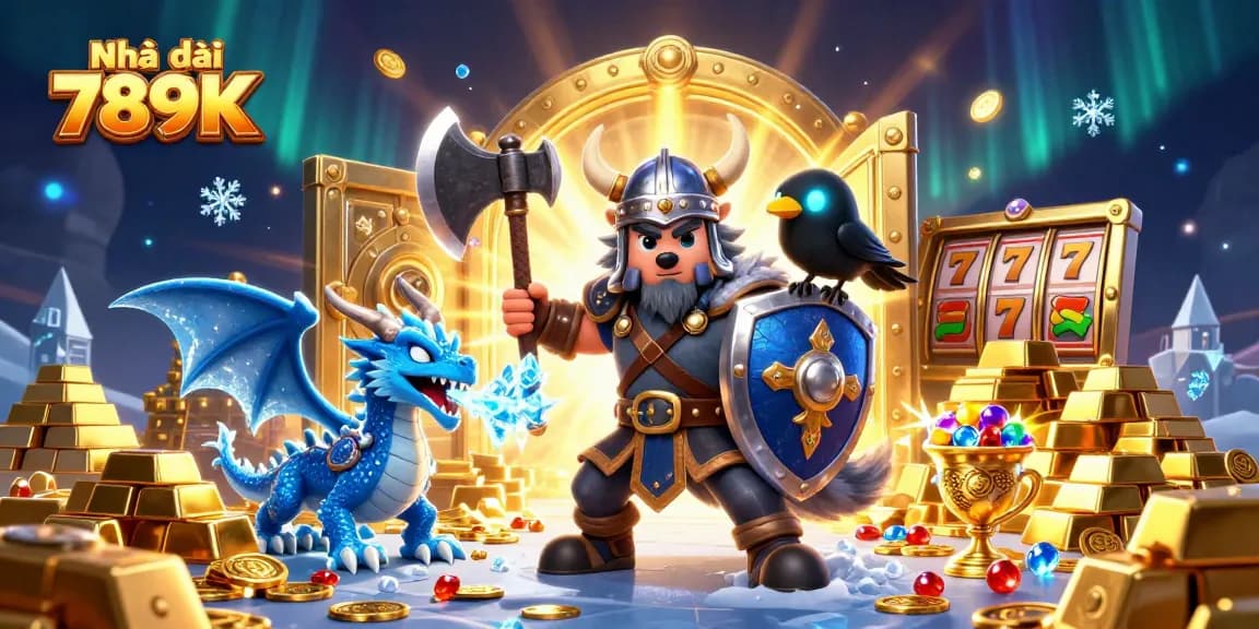 Immerse in the excitement of Nhà cái 789K featuring a Viking wolf warrior and a dragon amidst vibrant casino elements.