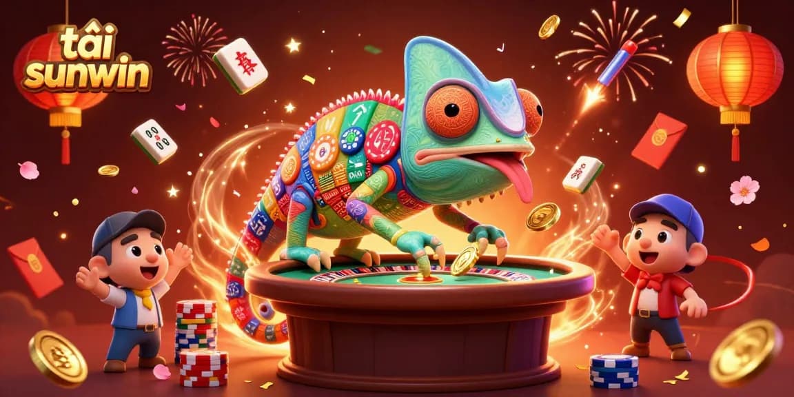 Join the fun and excitement as you tải sunwin, featuring vibrant casino elements and a cartoon chameleon owner.