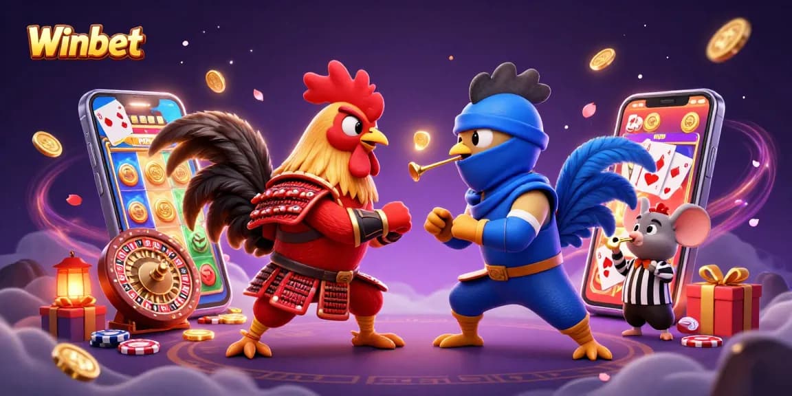 Winbet features dynamic 3D roosters in combat surrounded by engaging casino elements.