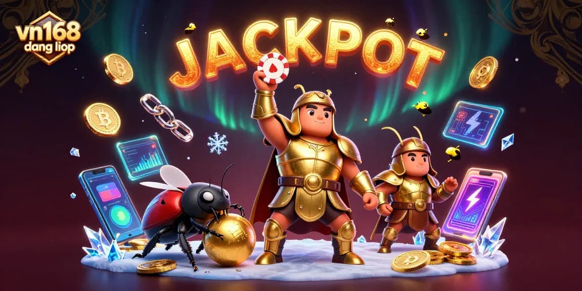 Win big at vn168 đăng nhập as a hercules beetle lifts a poker chip amidst dazzling casino elements.