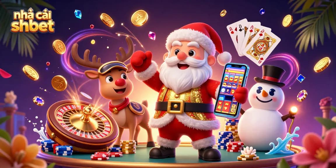 Experience thrills at nhà cái shbet with a vibrant casino scene featuring Santa and friends.