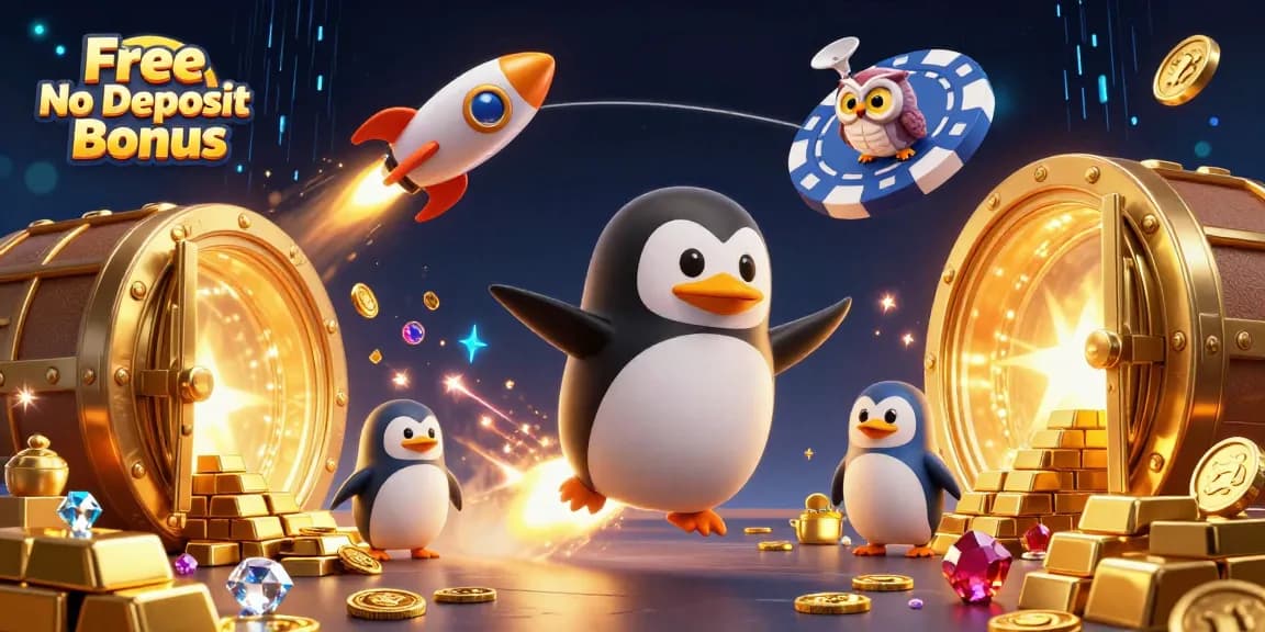 Experience Free No Deposit Bonus thrills with a golden penguin blasting off to a cosmic casino adventure.