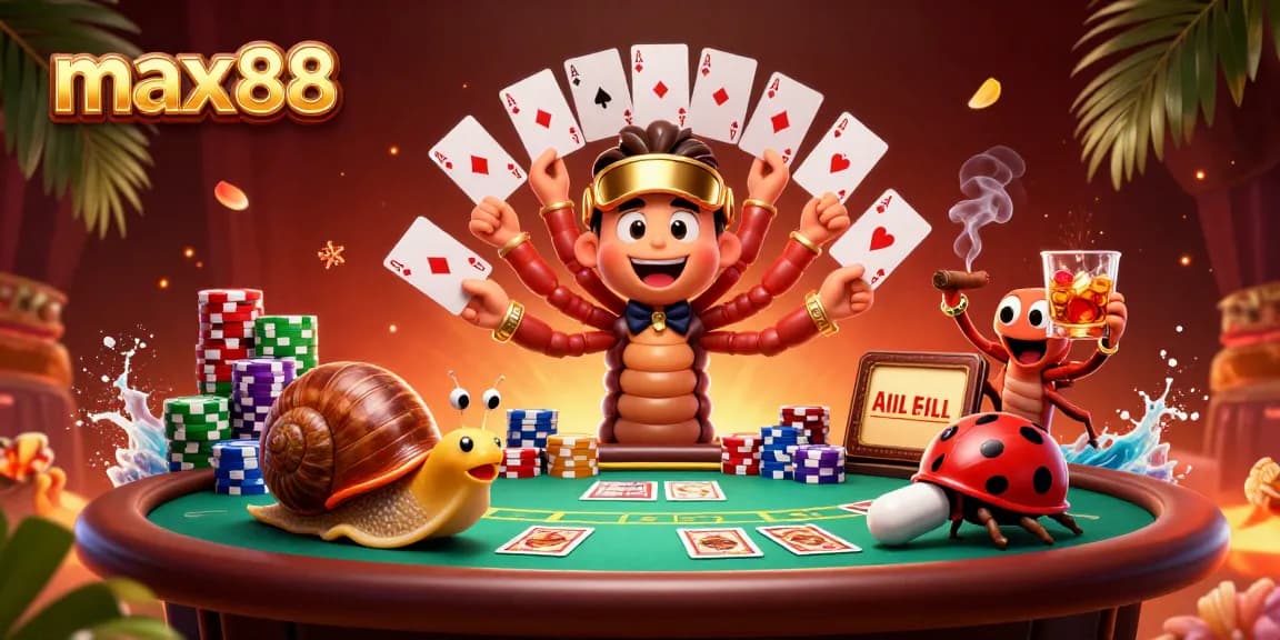 Experience max88 with a lively cartoon scene of gaming excitement featuring colorful poker elements.