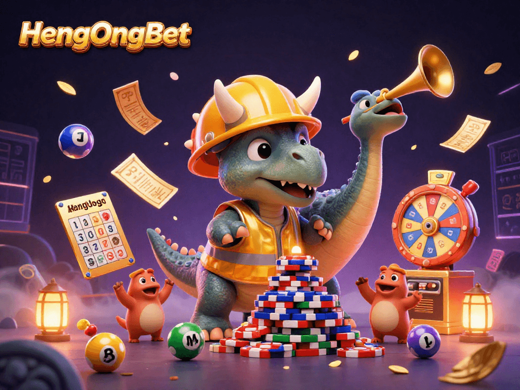 HengOngBet showcases a vibrant casino scene with a triceratops piling poker chips, emphasizing fun gaming.