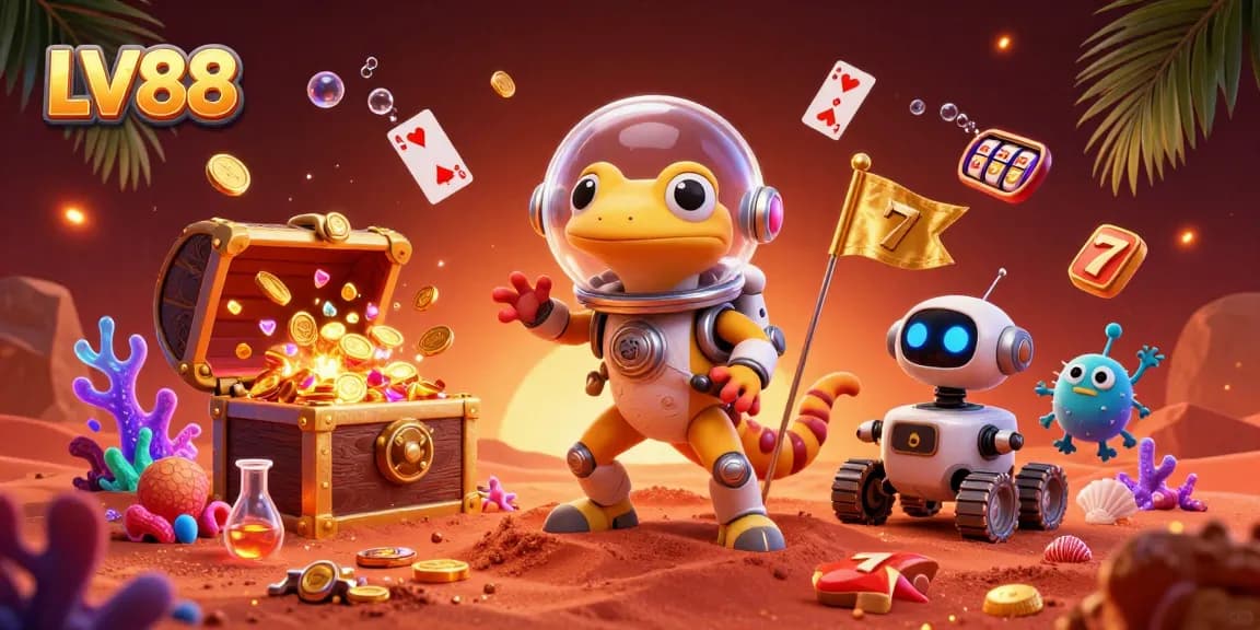 Experience LV88’s exciting casino adventure with a Martian gecko discovering treasures and gaming elements.
