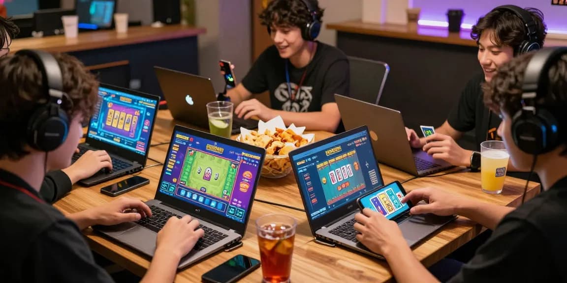 Players enjoying game bài đổi thưởng on laptops and smartphones in a vibrant gaming setup.